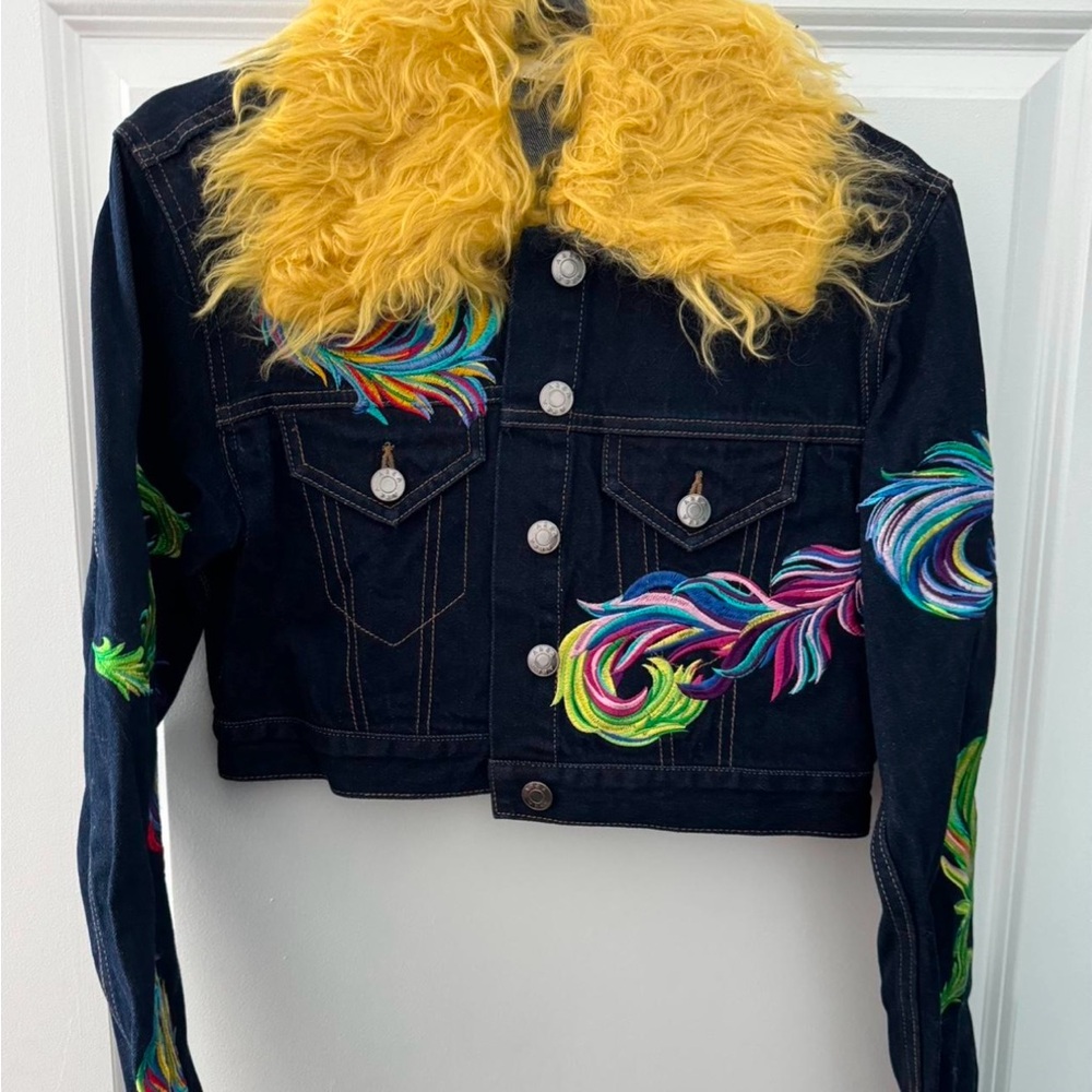 AREA NYC “Embroidered Mohair Trimmed Cropped Denim Jacket”